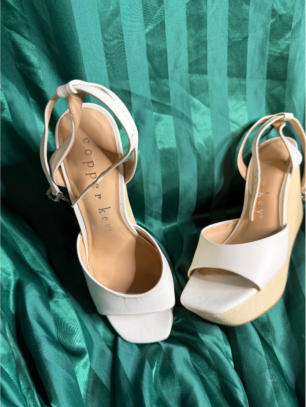 Copper Key White Slingback Wedge Sandals Woven Peep Toe Ankle Strap Size 10